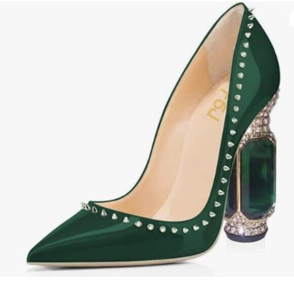FSJ Women Bridal Pointed Toe Chunky Block High Heel Crystal Pumps Green Shoes - Picture 1 of 8